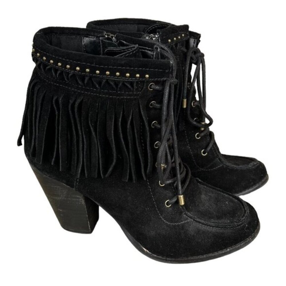 Gianni Bini Black Suede Fringe Lace-Up Ankle Boots